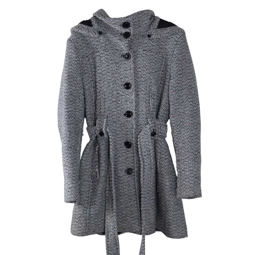 Gallery Women XL Black White Tweed Hooded Wool Blend‎ Belted Parka Chore Coat